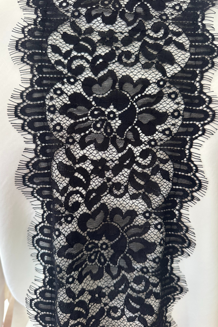 Cream Bias-Cut V-Neck Silk T-Shirt with Black Lace Back