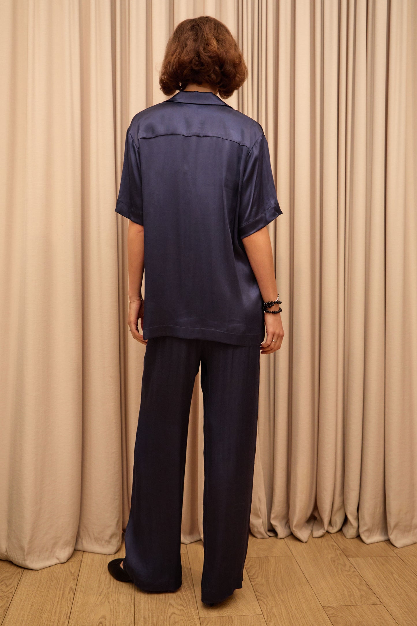 Navy Silk Short Sleeved Button Shirt