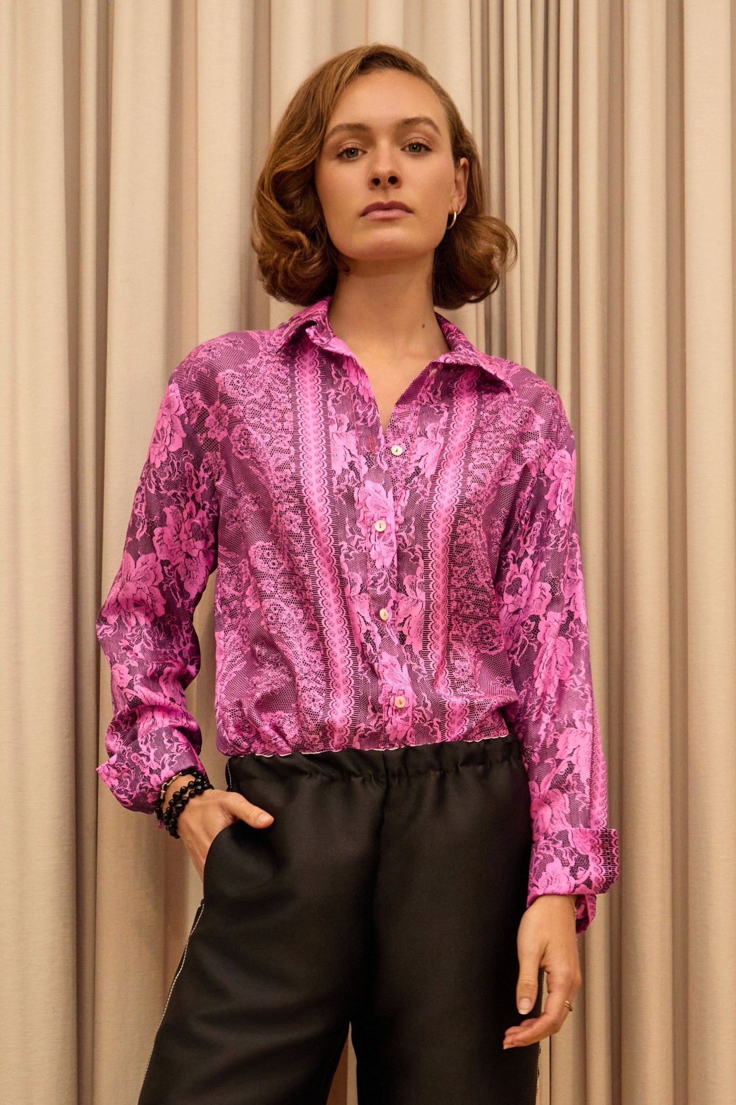 Silk Long Sleeve Shirt- Pink Lace Print