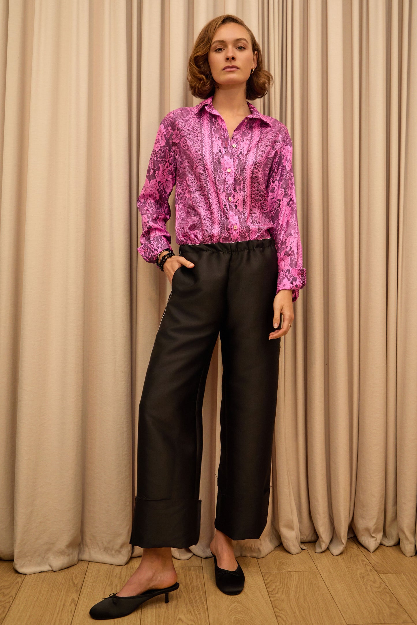 Silk Long Sleeve Shirt- Pink Lace Print