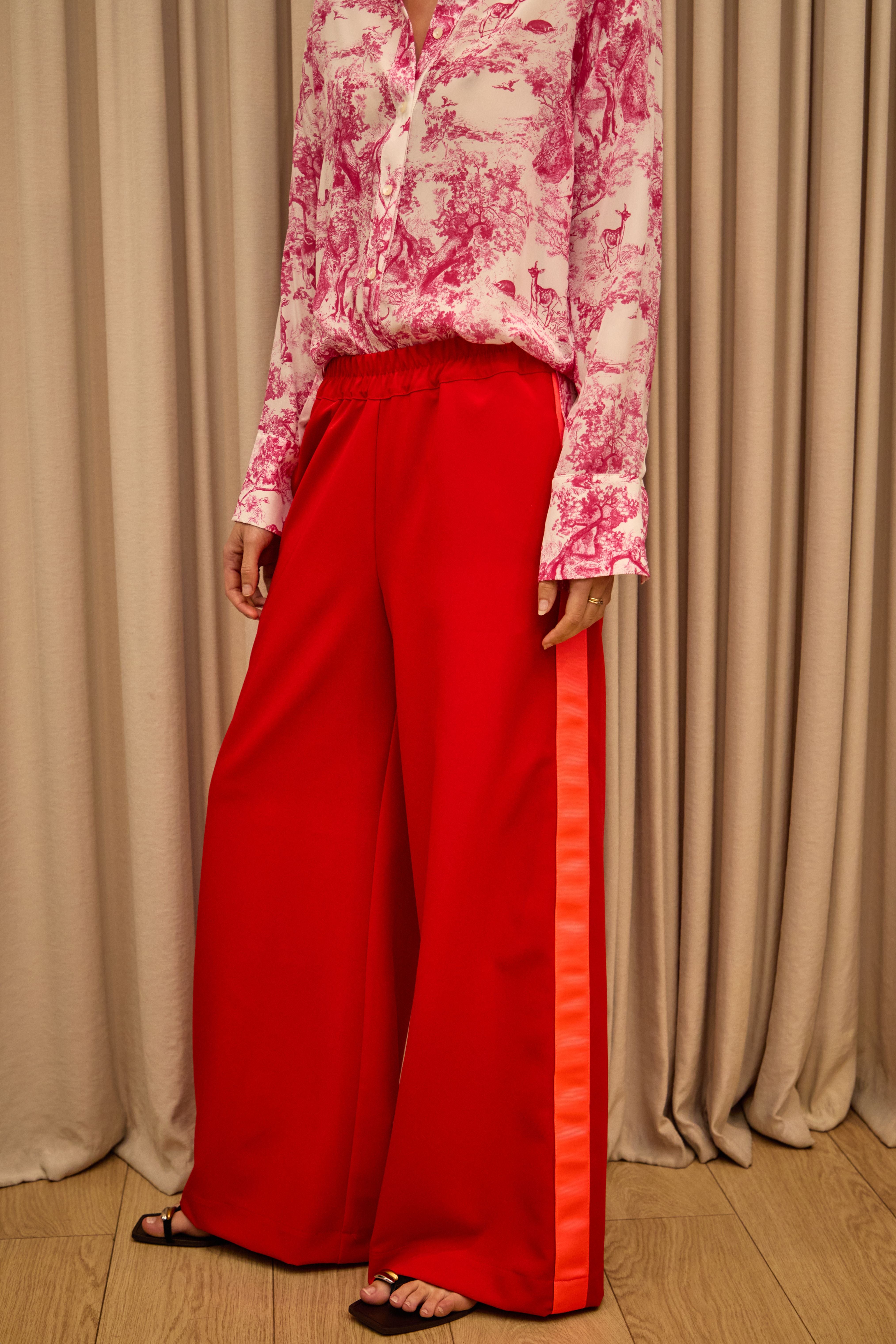 Sporty Luxe Red Wide Leg Pants with Hot Pink Side Stripe – Baz Inc