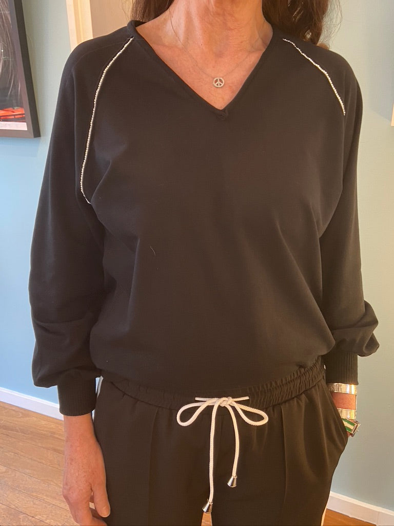 V-Neck Sweatshirt · Black Cotton and Crystal
