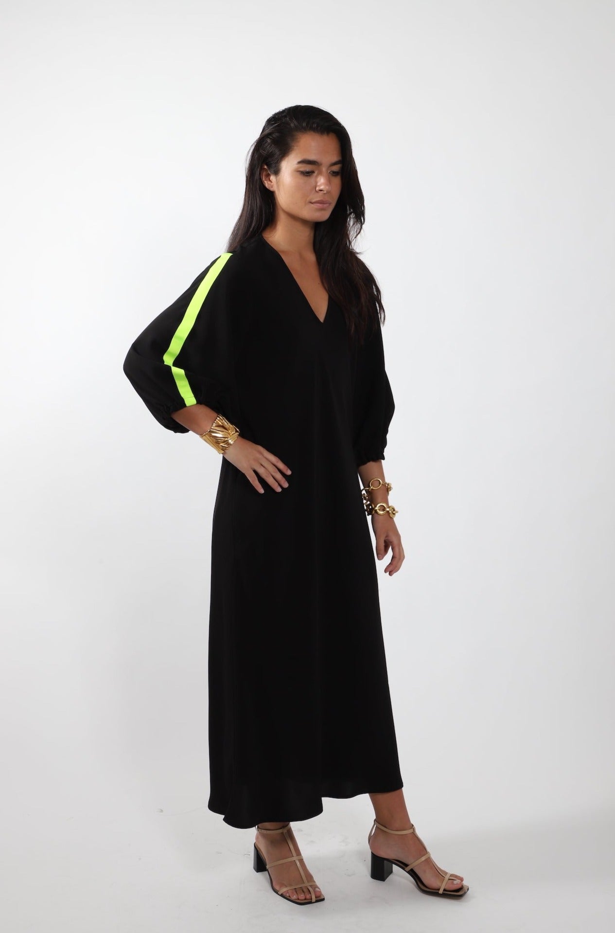 Bias V Dress · Black with Lime Stripe