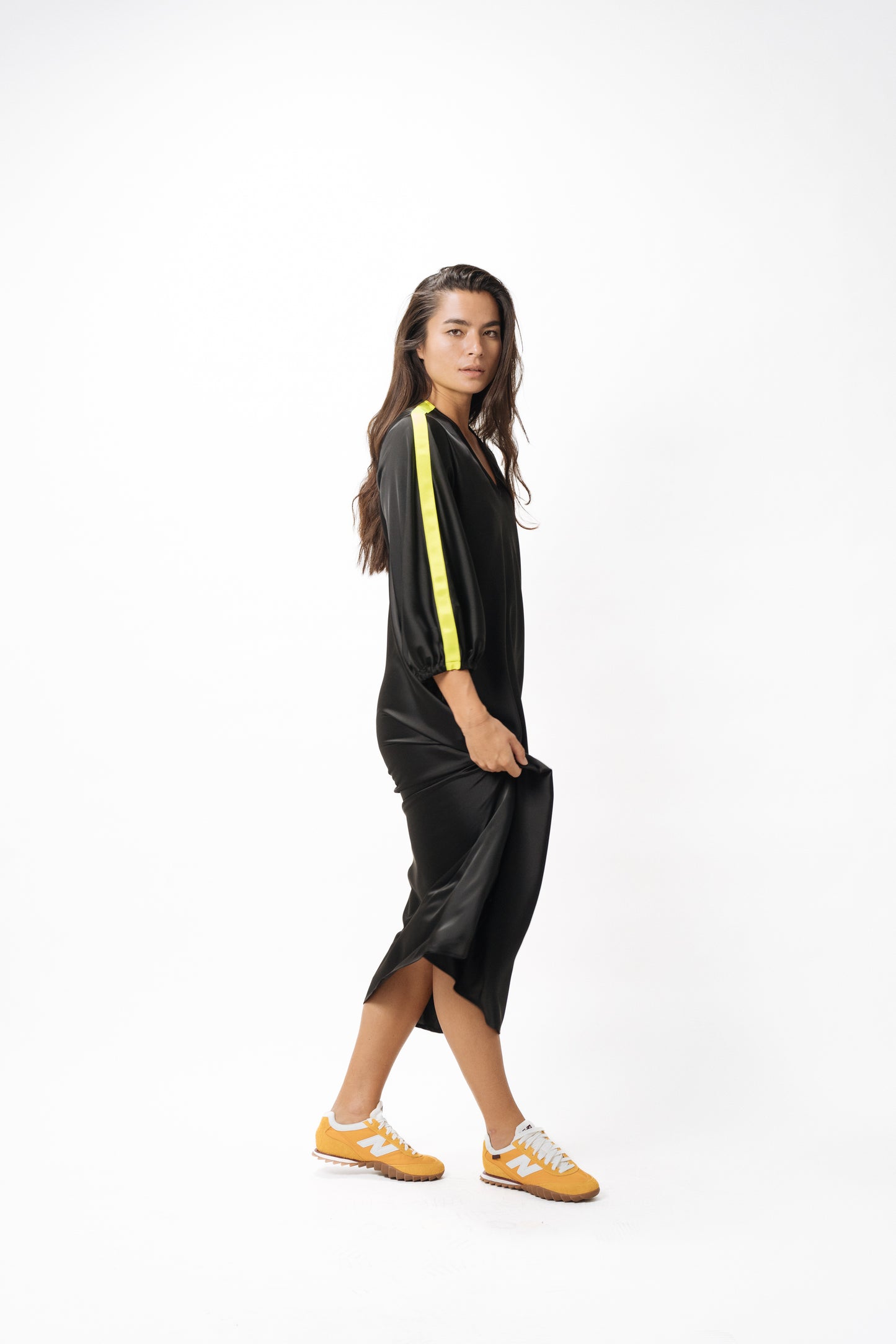 Bias V Dress · Black with Lime Stripe