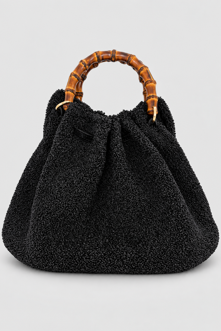 Sponge Raffia Bamboo Handle Bag - Black