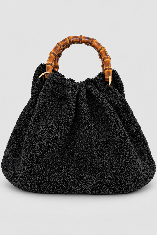 Sponge Raffia Bamboo Handle Bag - Black