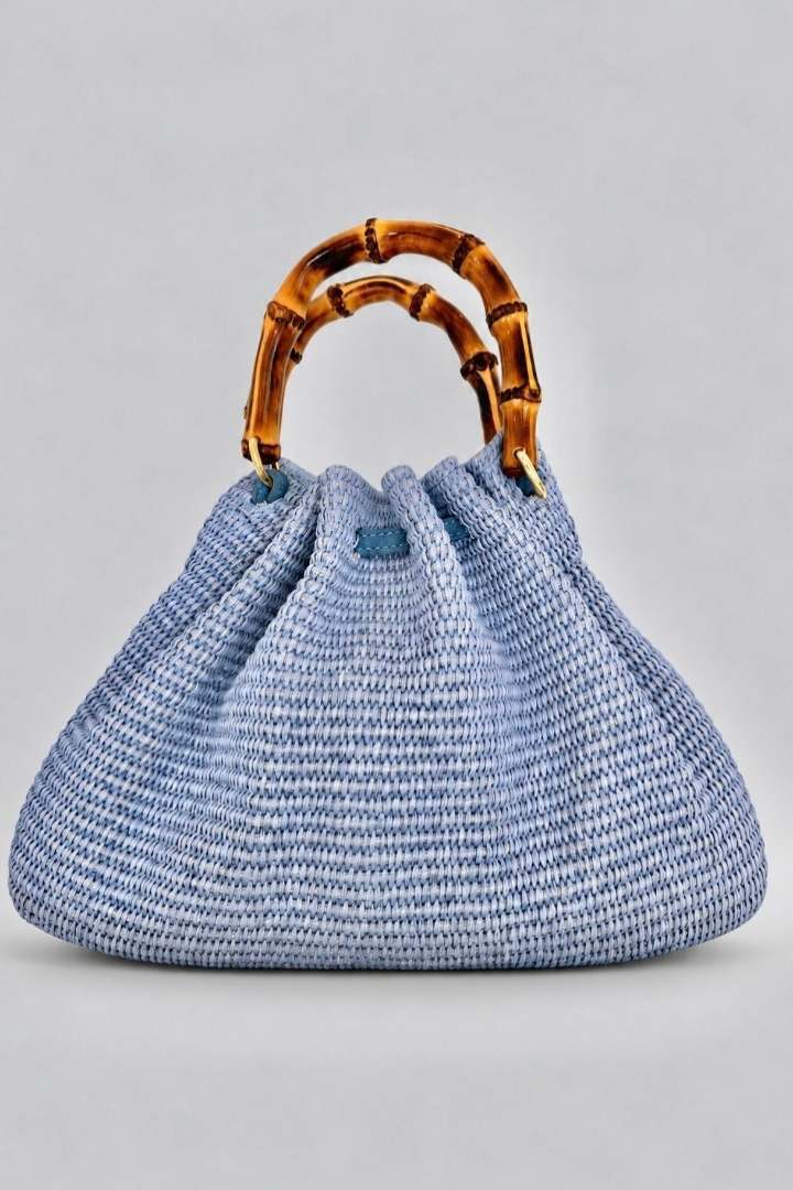 Raffia Bamboo Handle Bag - Blue