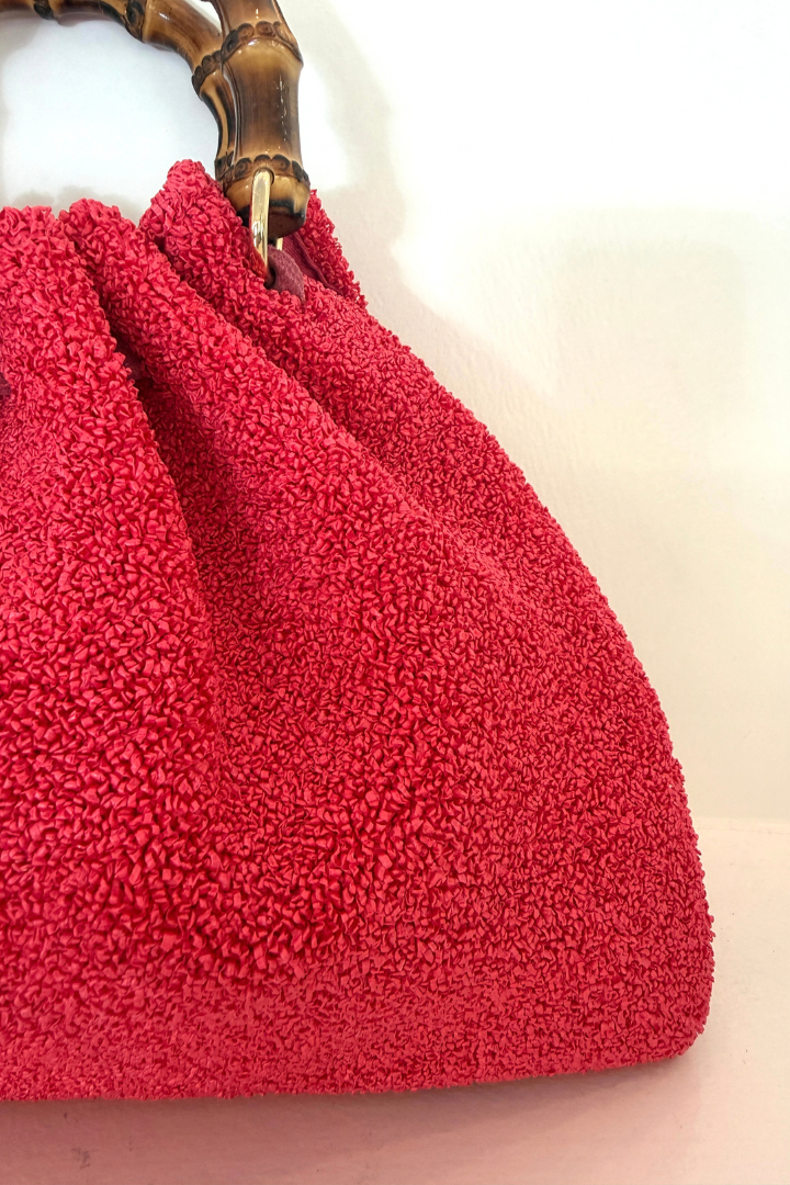 Sponge Raffia Bamboo Handle Bag - Red