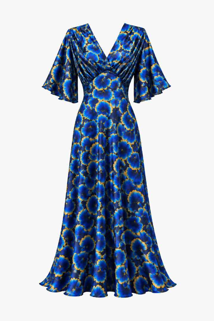 Silk Maxi Tea Dress - Blue Floral