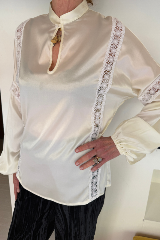 Mandarin Collar Silk Satin Blouse with Lace Inserts - Cream