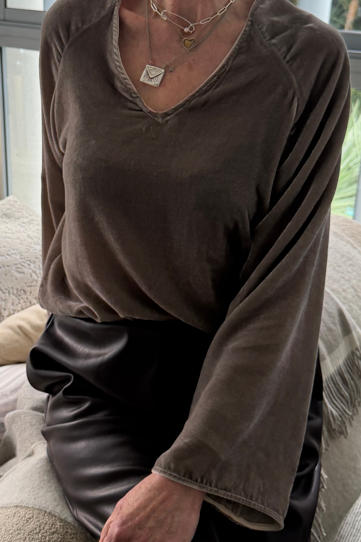 Silk Velvet Long Sleeve V-Neck Top - Mink