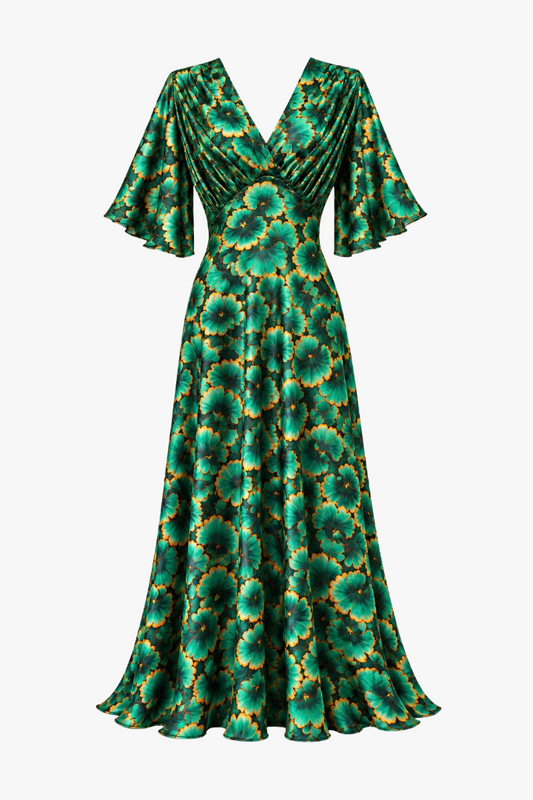 Silk Maxi Tea Dress - Green Floral