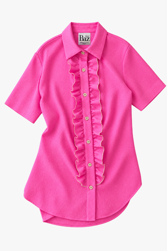 Hot Pink Beaten Satin Ruffle Shirt