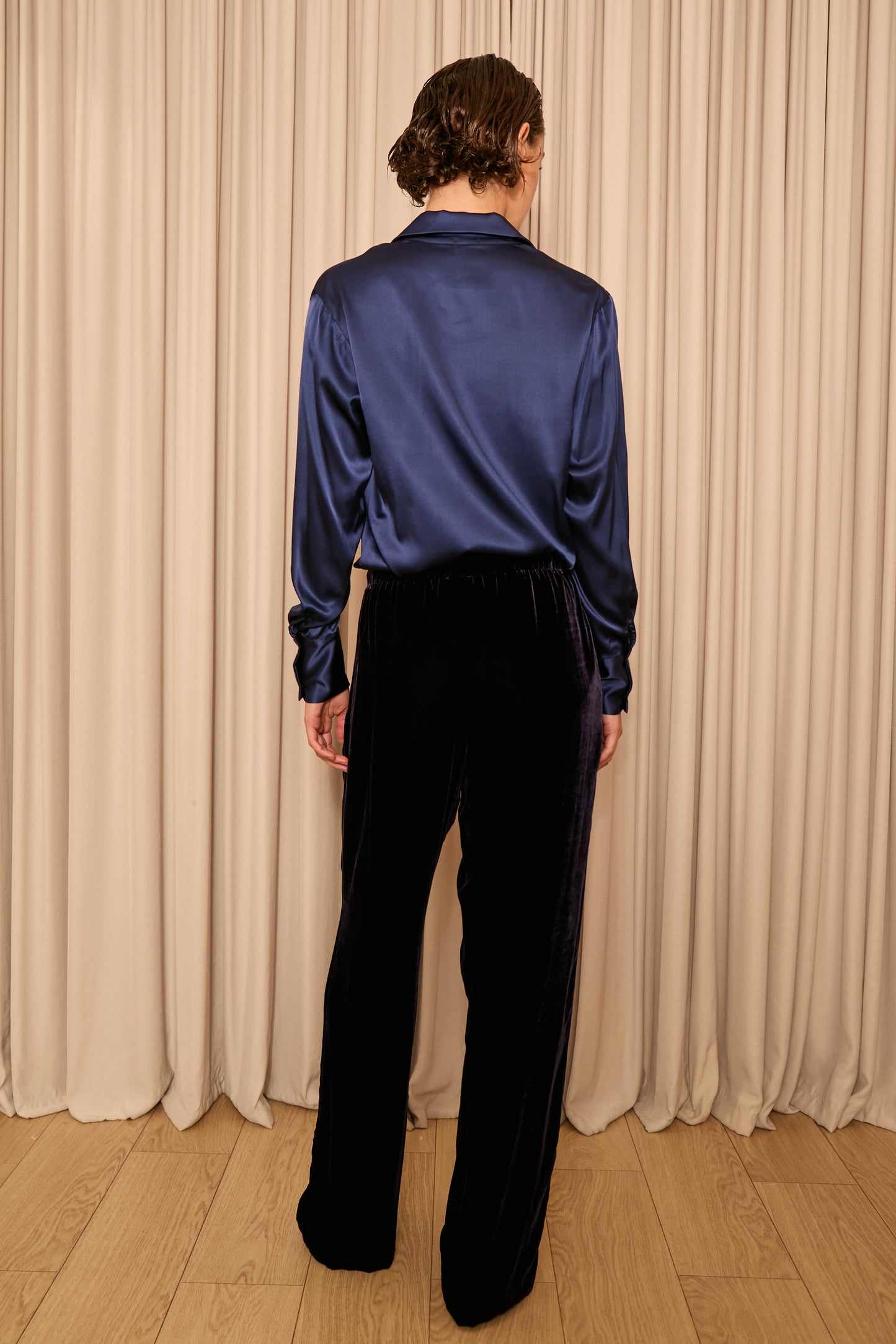 Navy Blue Silk Velvet Pants