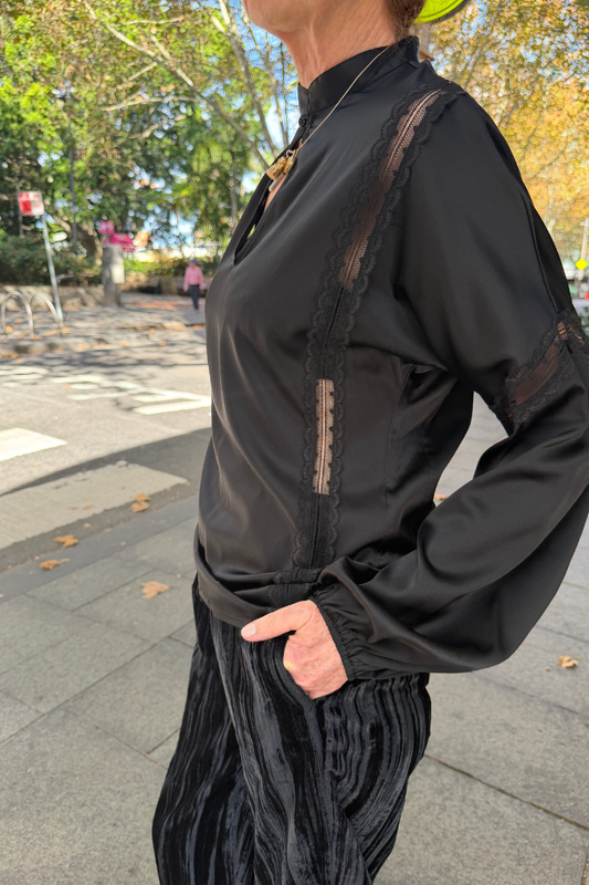 Mandarin Collar Silk Satin Blouse with Lace Inserts - Black