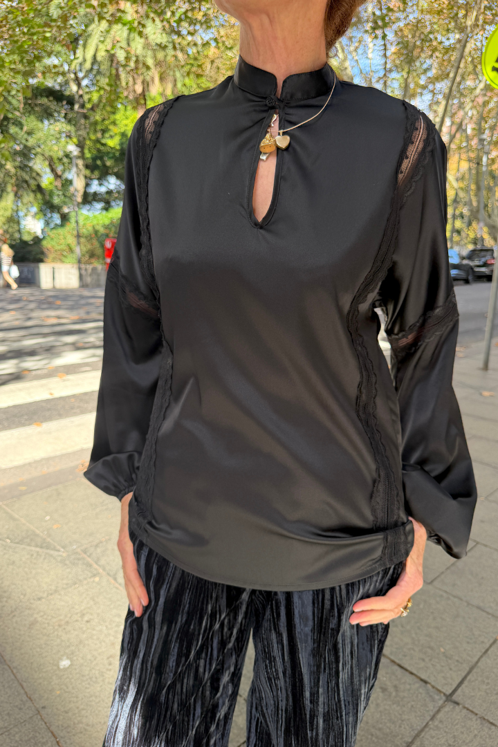 Mandarin Collar Silk Satin Blouse with Lace Inserts - Black
