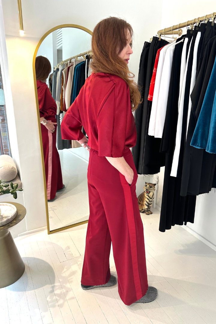Wine Wide Leg Pants with Contrasting Side Stripes in Dusty Pink & Red