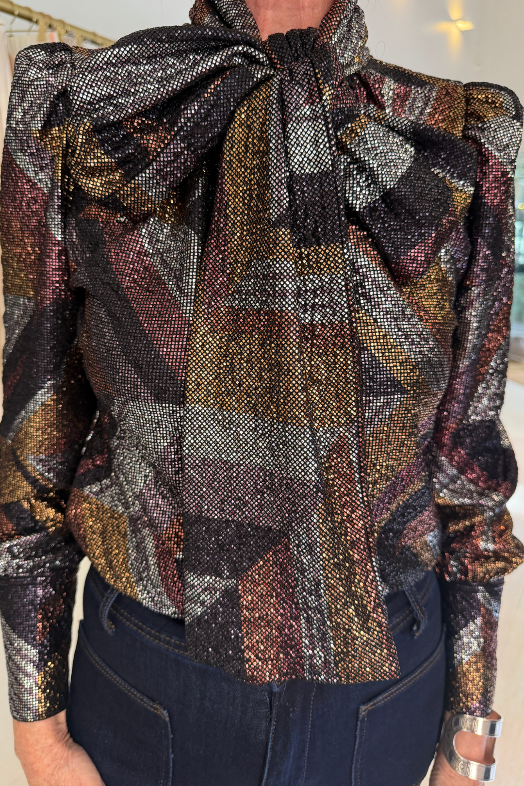 Foiled Shimmer Pussy-Bow Blouse