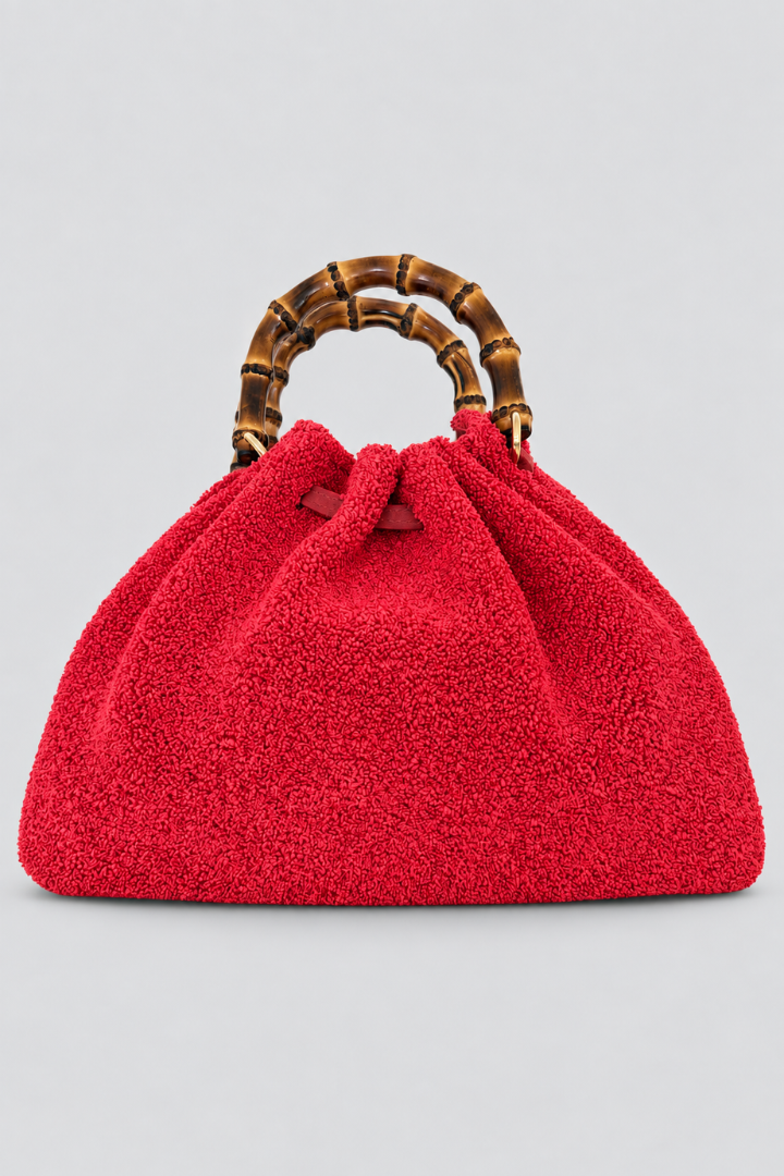 Sponge Raffia Bamboo Handle Bag - Red