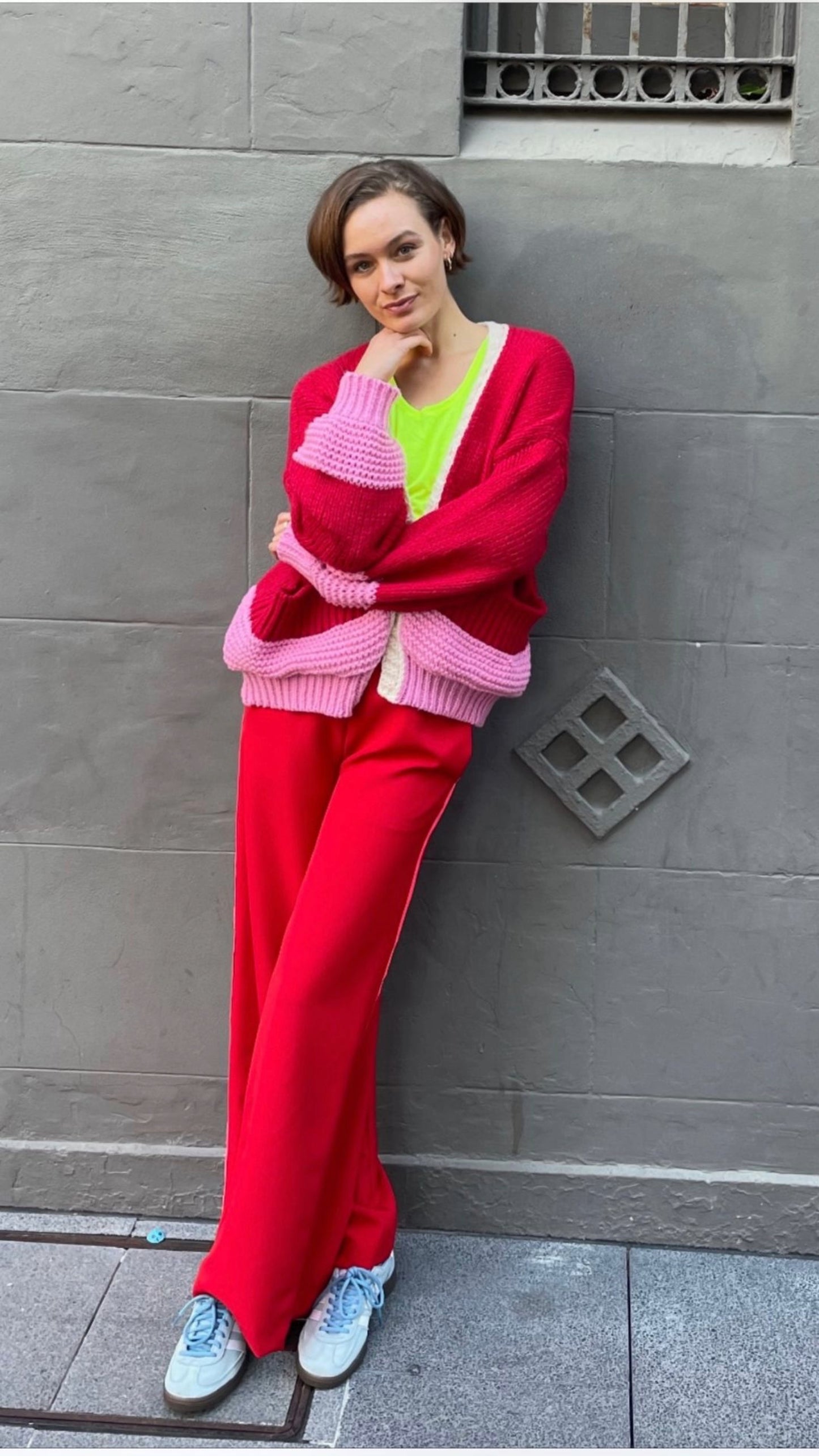 Red Wide Leg Pants with Hot Pink Side Stripe