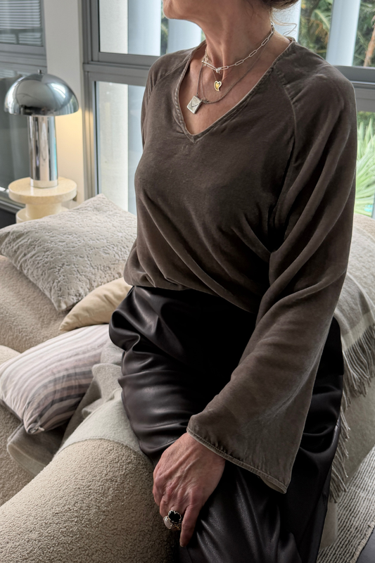Silk Velvet Long Sleeve V-Neck Top - Mink