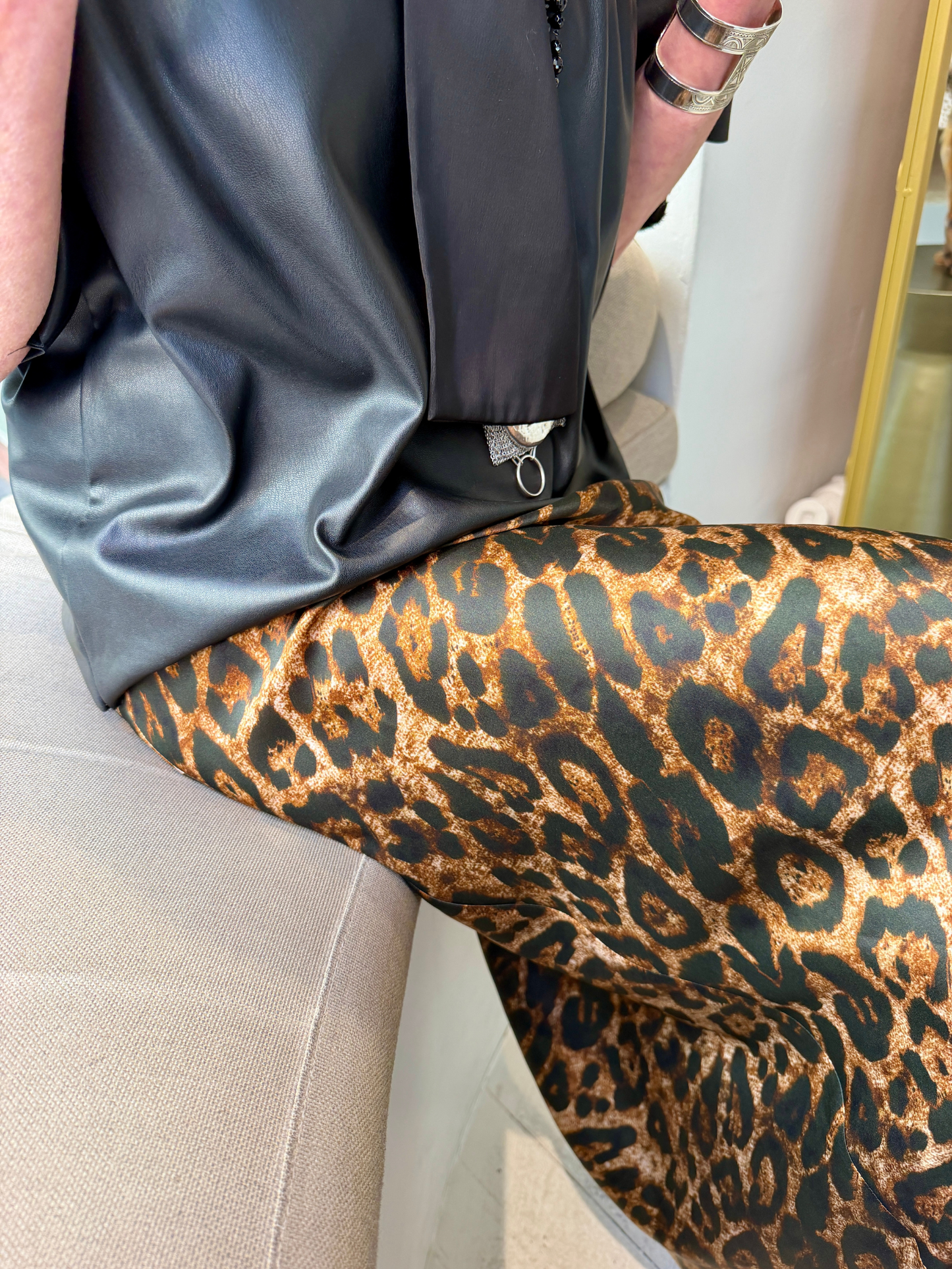 Leopard Print Silk Bias Cut Skirt with Sparkly Silver Trim