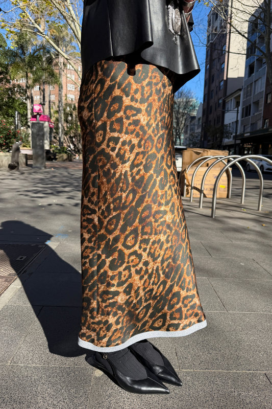 Leopard Print Silk Bias Cut Skirt with Sparkly Silver Trim