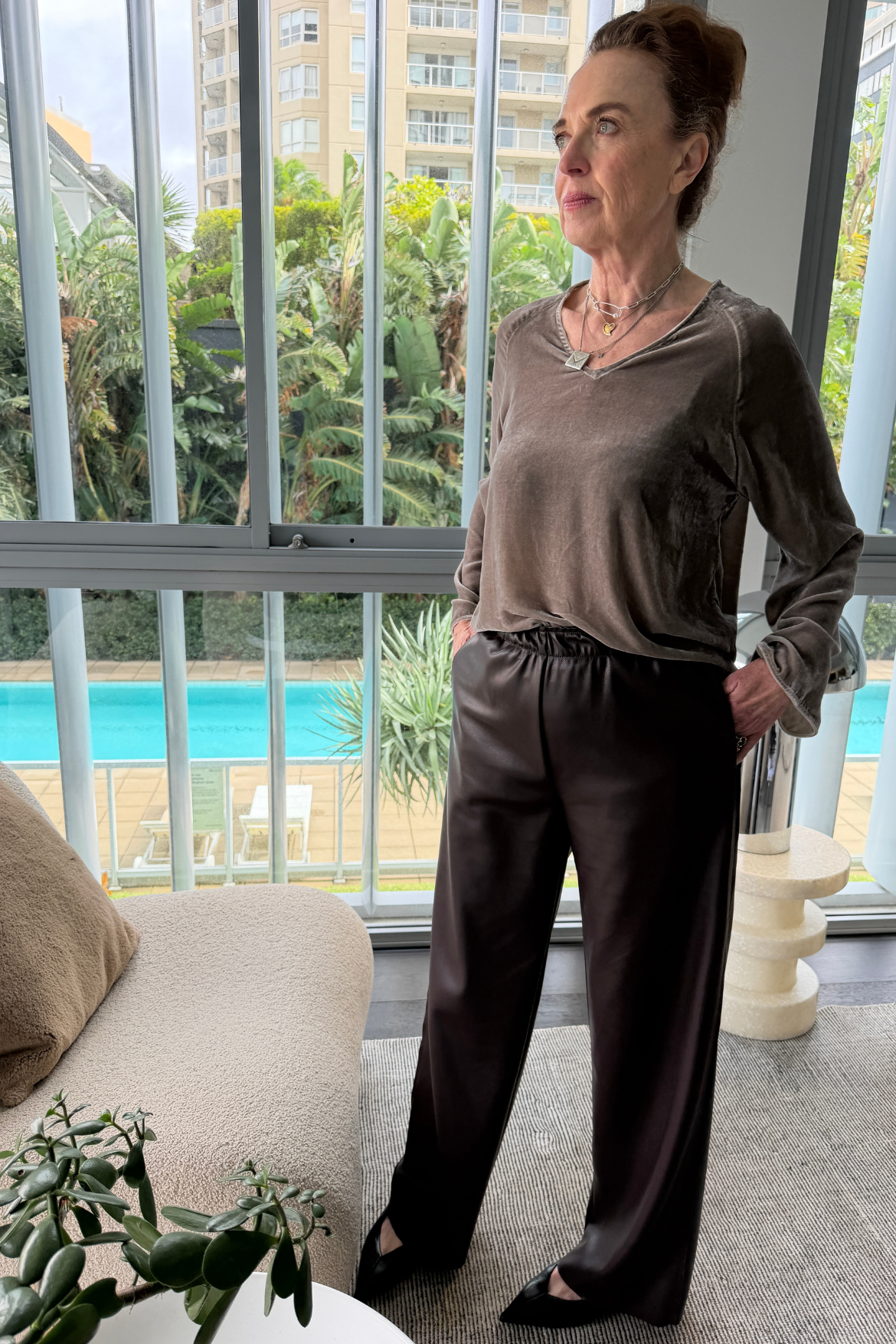 Silk Velvet Long Sleeve V-Neck Top - Mink