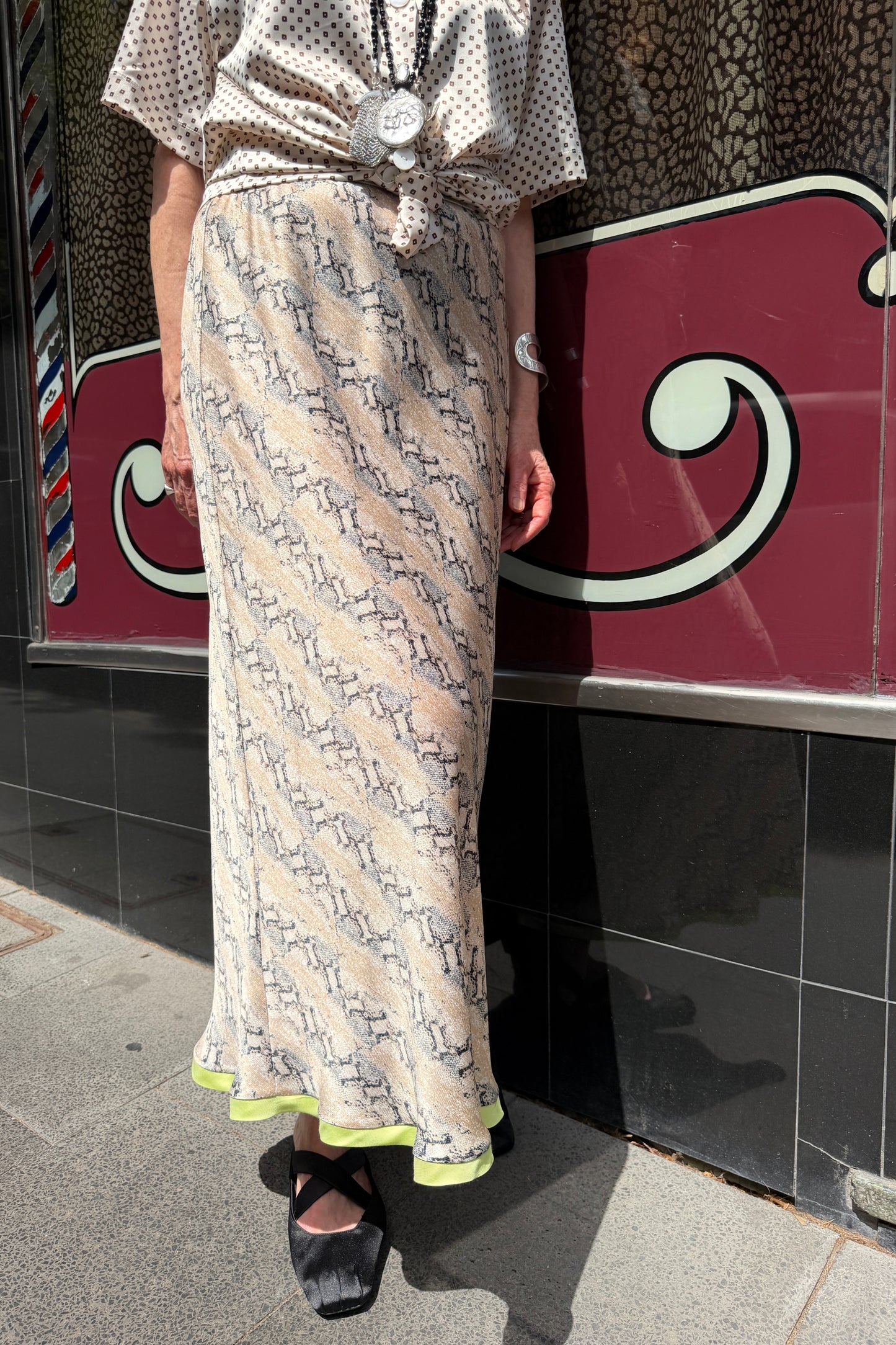 Snakeskin Midi Skirt with Citrus Trim & Silver Waistband