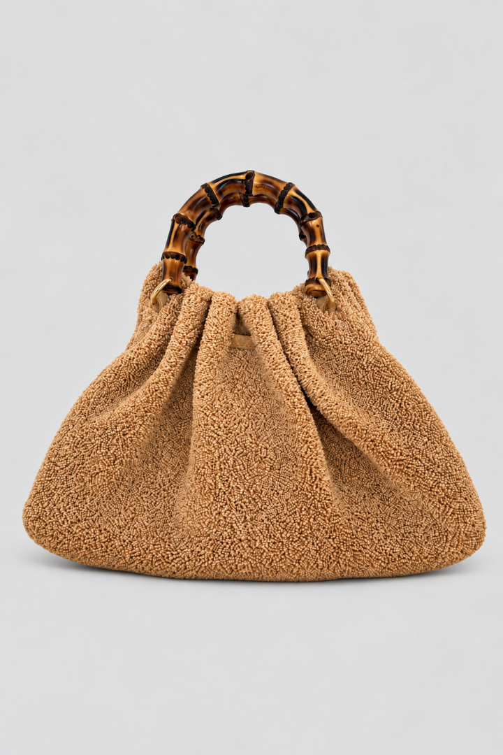 Sponge Raffia Bamboo Handle Bag - Sand
