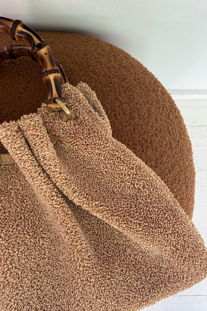 Sponge Raffia Bamboo Handle Bag - Sand
