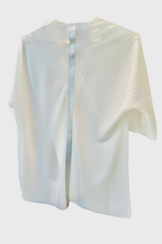 White Silk V Neck Top with Silver Stripe