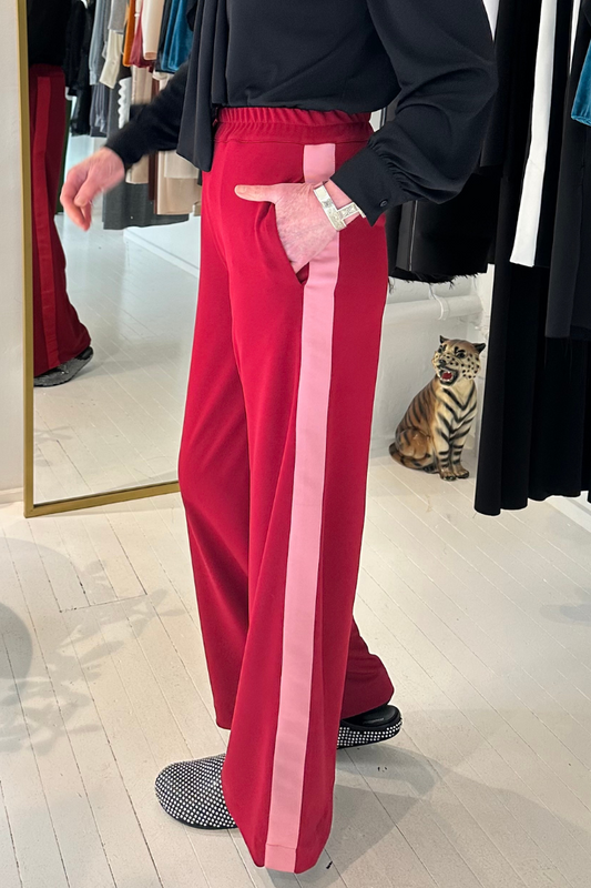 Wine Wide Leg Pants with Contrasting Side Stripes in Dusty Pink & Red