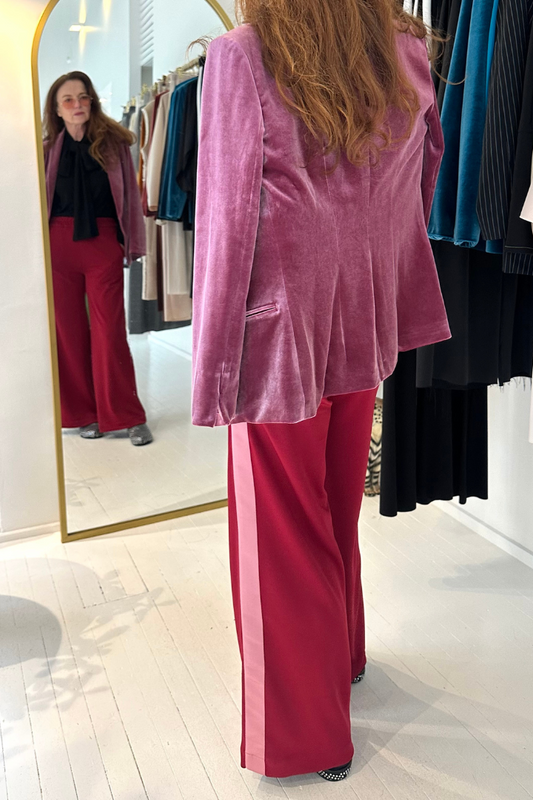 Wine Wide Leg Pants with Contrasting Side Stripes in Dusty Pink & Red
