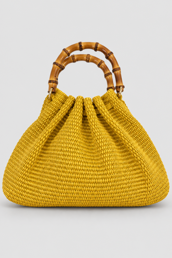 Raffia Bamboo Handle Bag - Yellow
