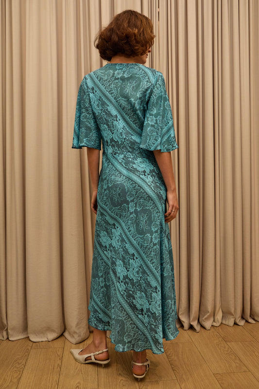 Aqua Soft Lace Print Tea Dress