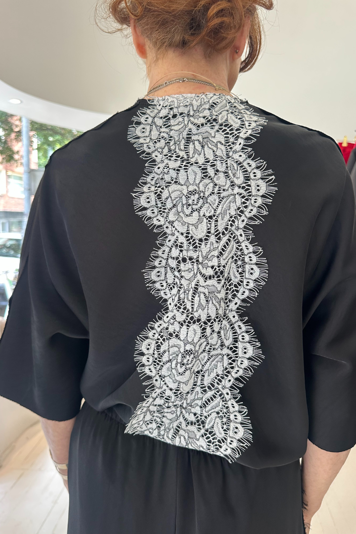 Black Bias-Cut V-Neck Silk T-Shirt with Cream Lace Back