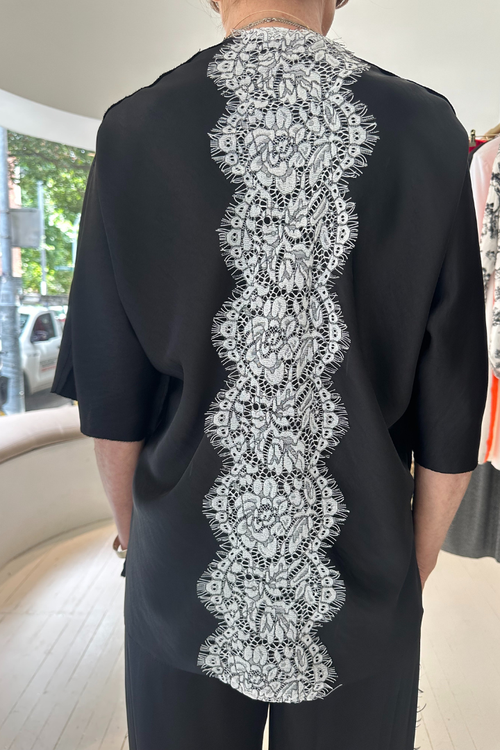 Black Bias-Cut V-Neck Silk T-Shirt with Cream Lace Back