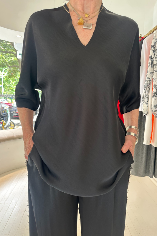 Black Bias-Cut V-Neck Silk T-Shirt with Cream Lace Back