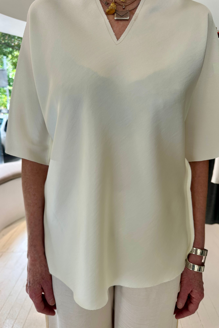 Cream Bias-Cut V-Neck Silk T-Shirt with Black Lace Back