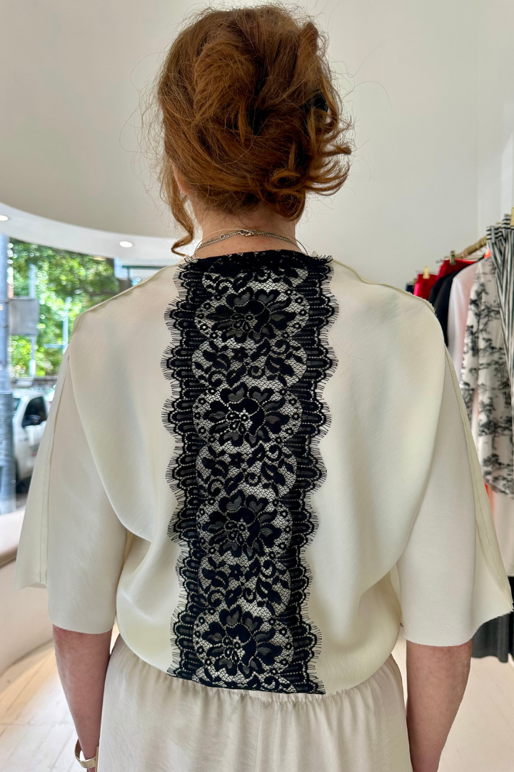 Cream Bias-Cut V-Neck Silk T-Shirt with Black Lace Back