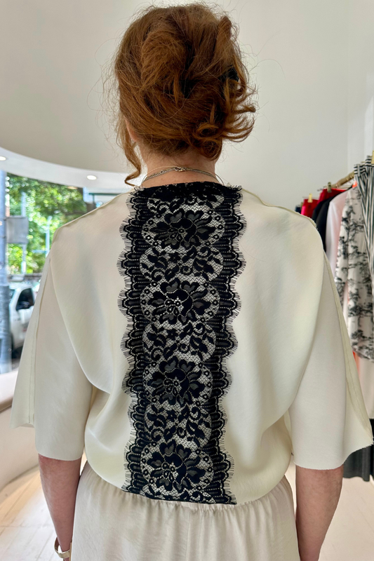 Cream Bias-Cut V-Neck Silk T-Shirt with Black Lace Back