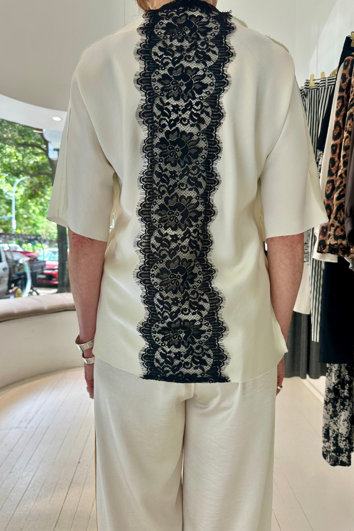 Cream Bias-Cut V-Neck Silk T-Shirt with Black Lace Back