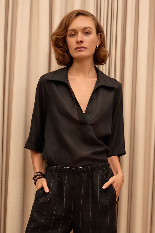 Black Open V Neck Silk Top