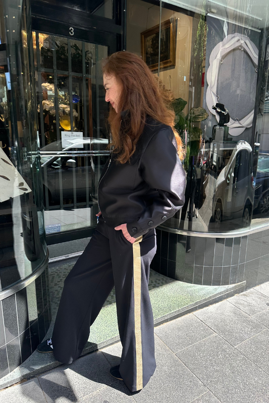 Black Wide Leg Pants with Silver & Gold Side Stripe