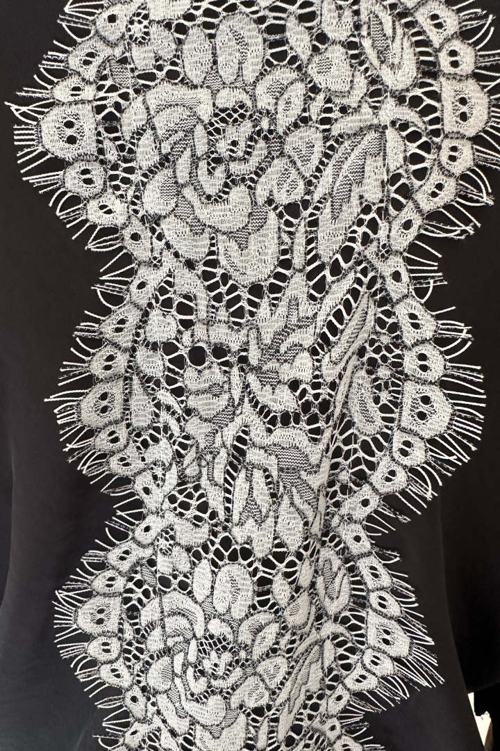 Black Bias-Cut V-Neck Silk T-Shirt with Cream Lace Back