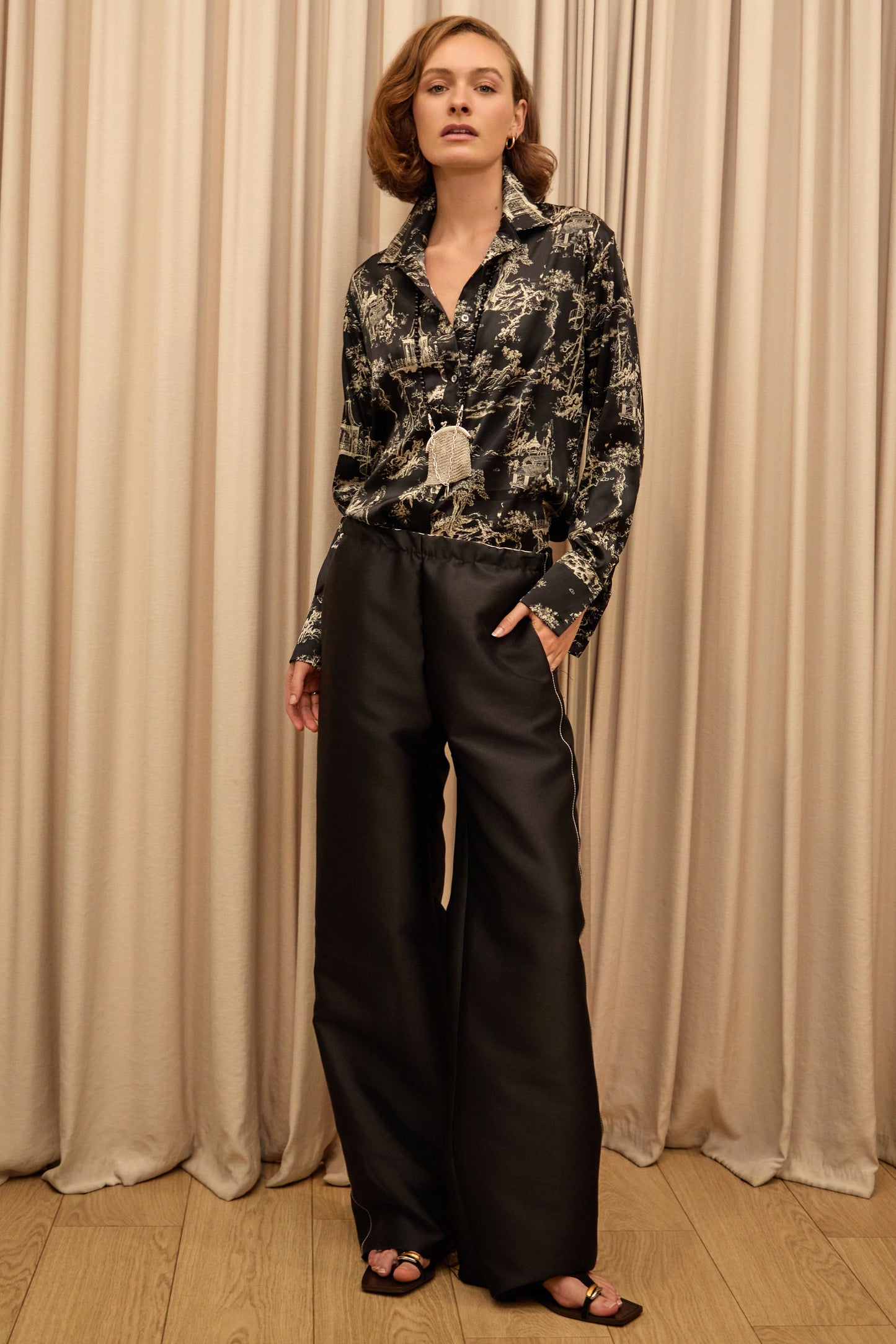 Silk Long Sleeve Chinoiserie Shirt - Black