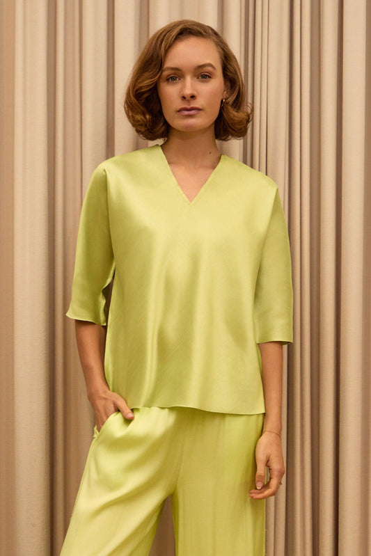 Citrus Silk V Neck Top with Stripe Down Back