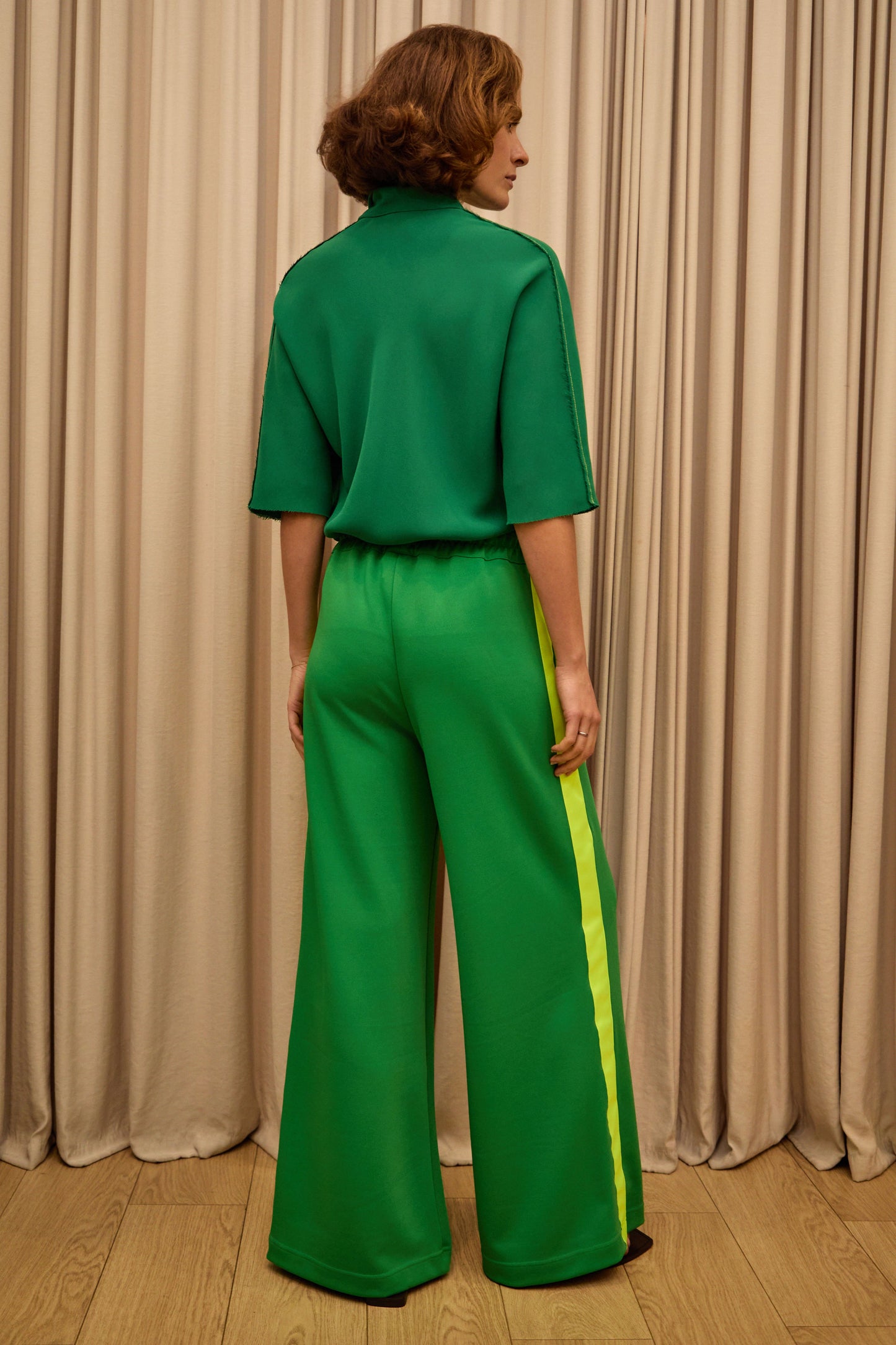 Green Wide Leg Pants with Neon Side Stripe