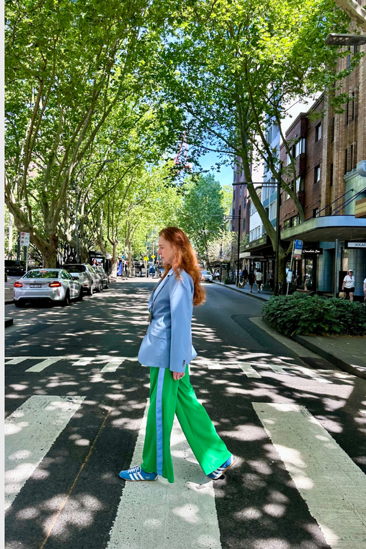 Green Wide Leg Pants with Light and Dark Blue Stripe